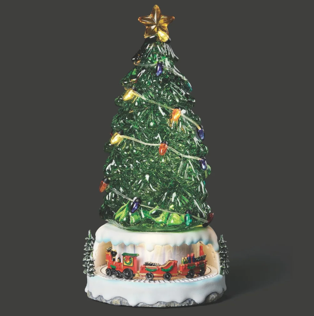 Roman Confetti Lighted Swirl Tree with Train – 13"