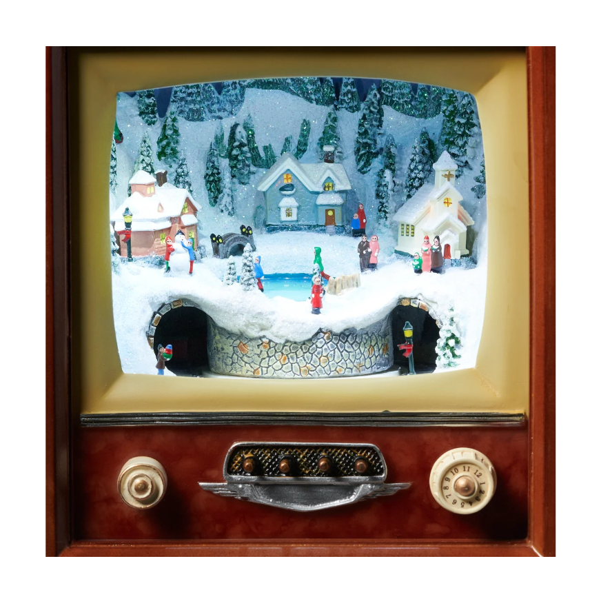 Roman Lighted Musical TV Village with Underground Rotating Train & Skaters – 10.5"