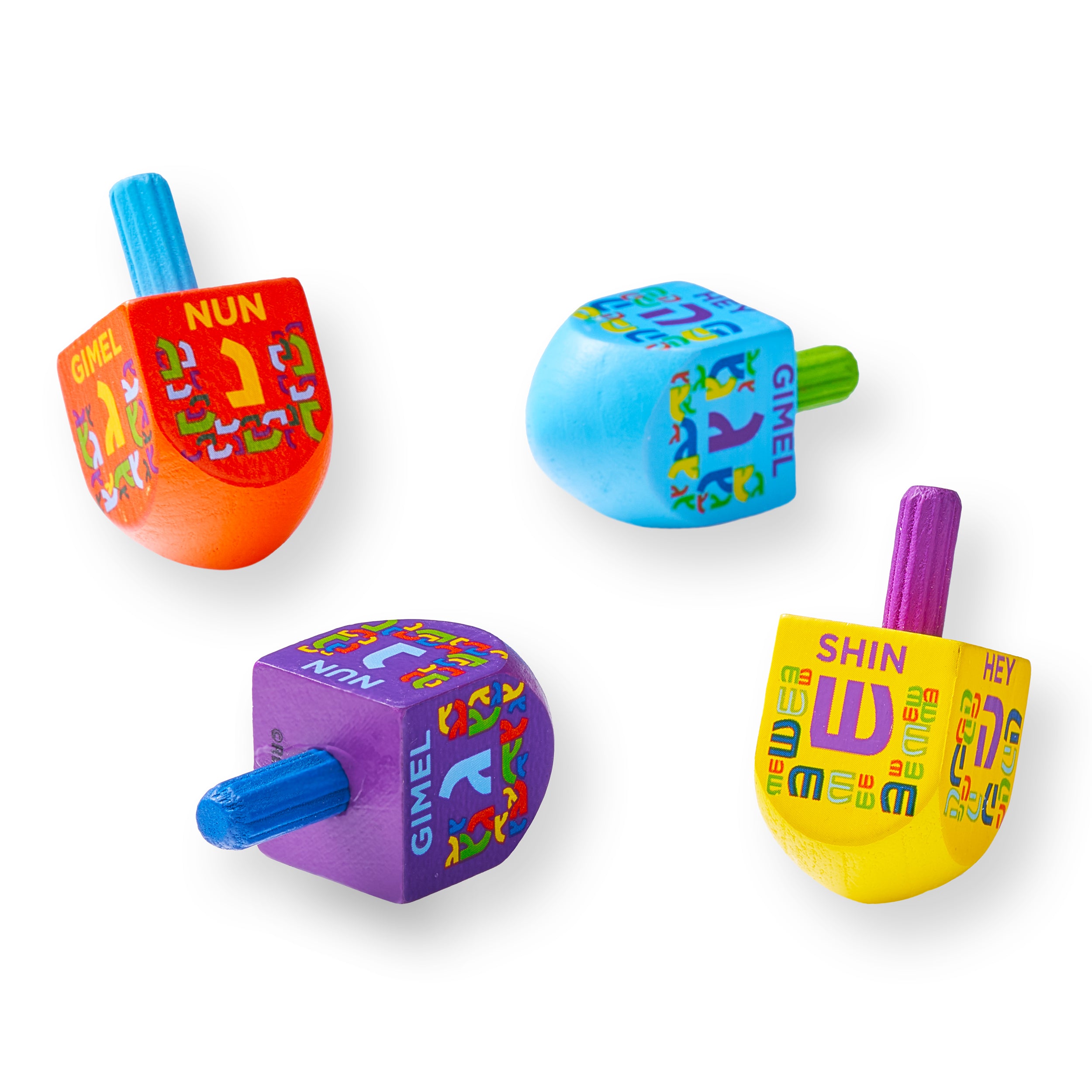 "The Dreidel Game" - 4 Small Painted Wood Dreidels
