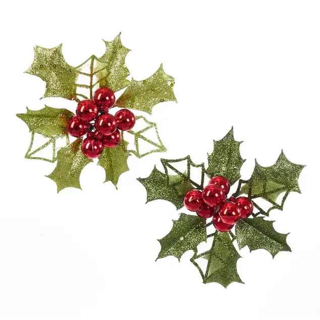 Glitter Holly Leaf & Red Berry Clip – 6" - Assorted – Each Sold Separaetly