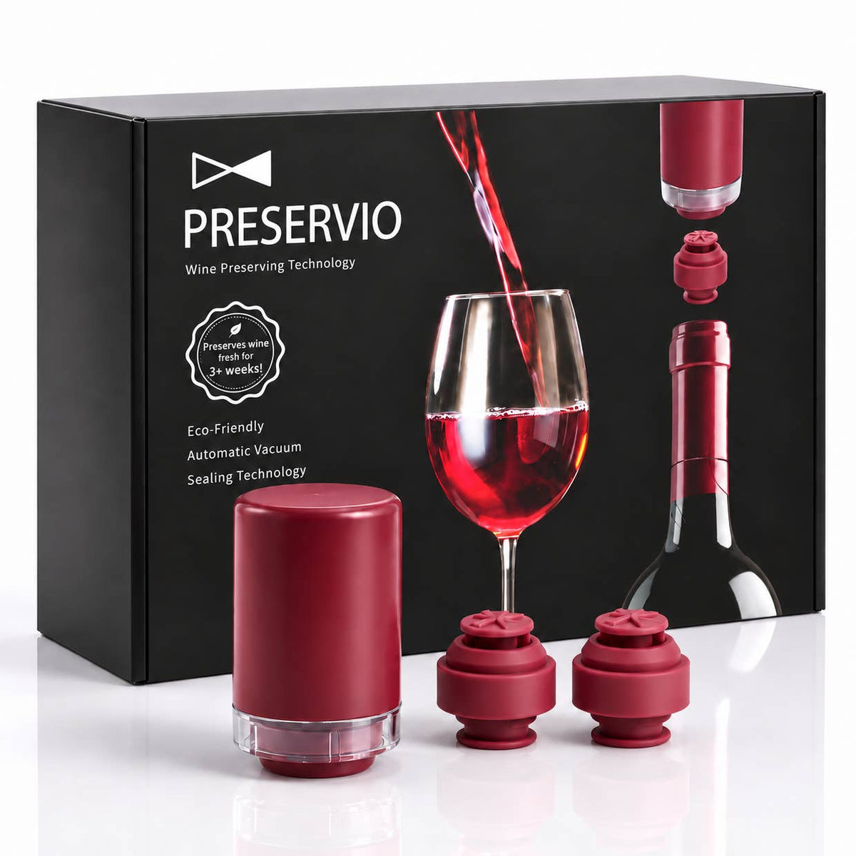 Preservio Wine Preservation System For Precision Pressure With 2 Silicone Stoppers - Red