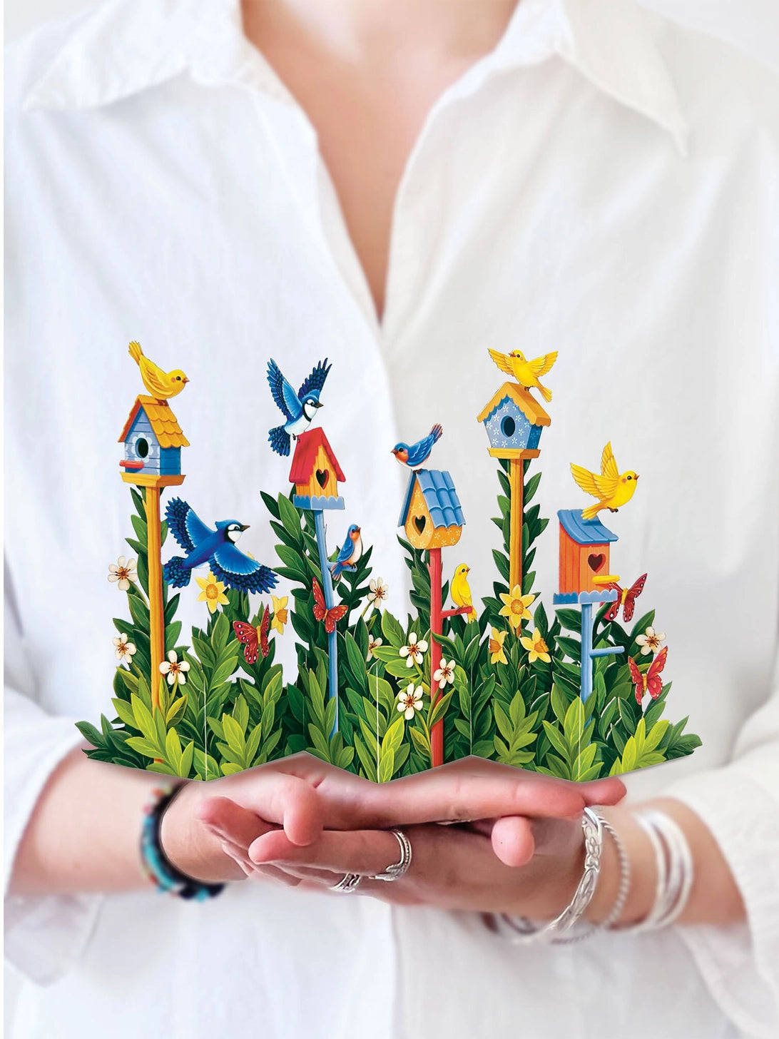 Fresh Cut Paper Mini 3D Pop Up Greeting Note Card – Birdhouse Garden – 6" x 5"