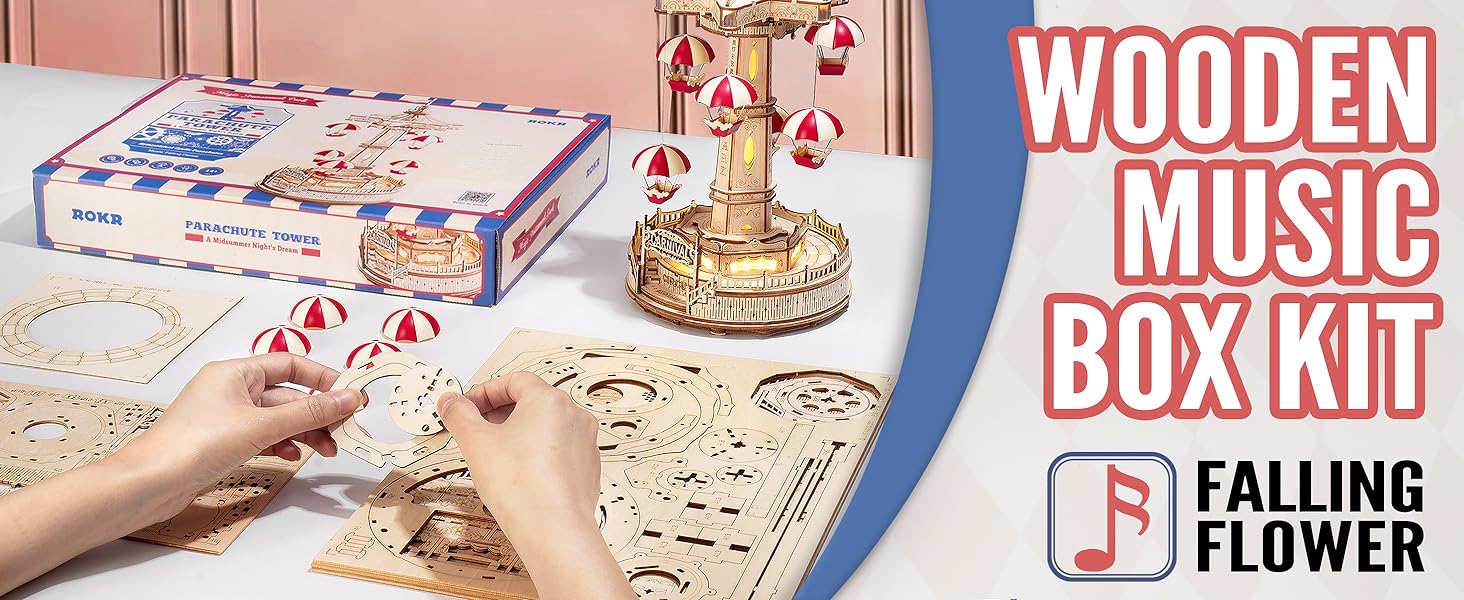 Music Box 3D Wooden Puzzle Kit for Kids & Adults – Parachute Tower Ride