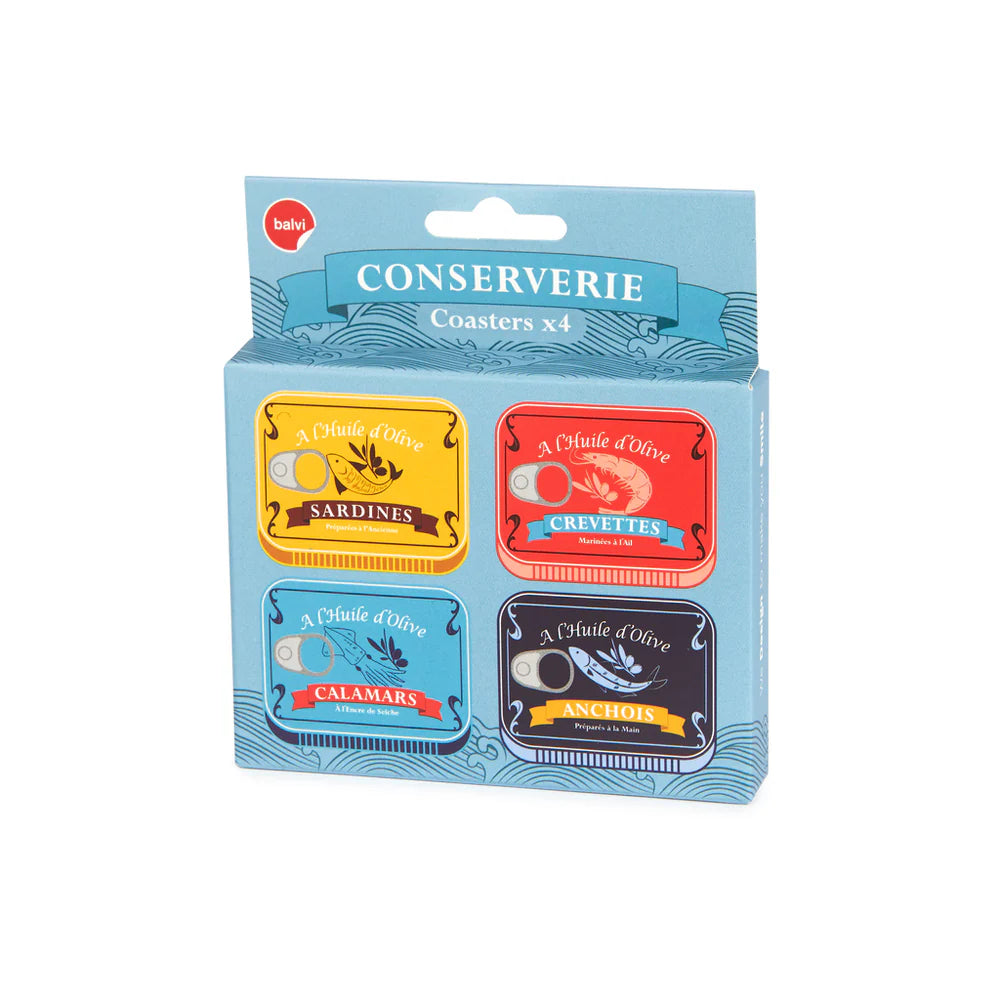 Retro Seafood Tin-Inspired Coasters – Set of 4