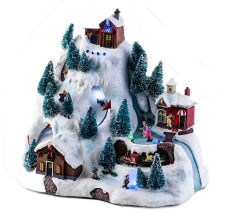 Animated Village Ski Slope With Lights And Moving Skiers