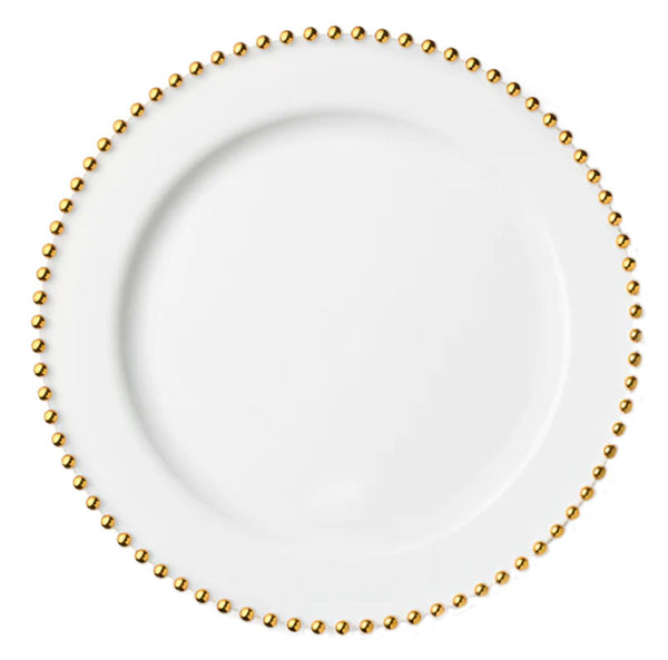 Beaded Premium Plastic Round Plates – White With Gold Trim - 10.75" – Set of 10