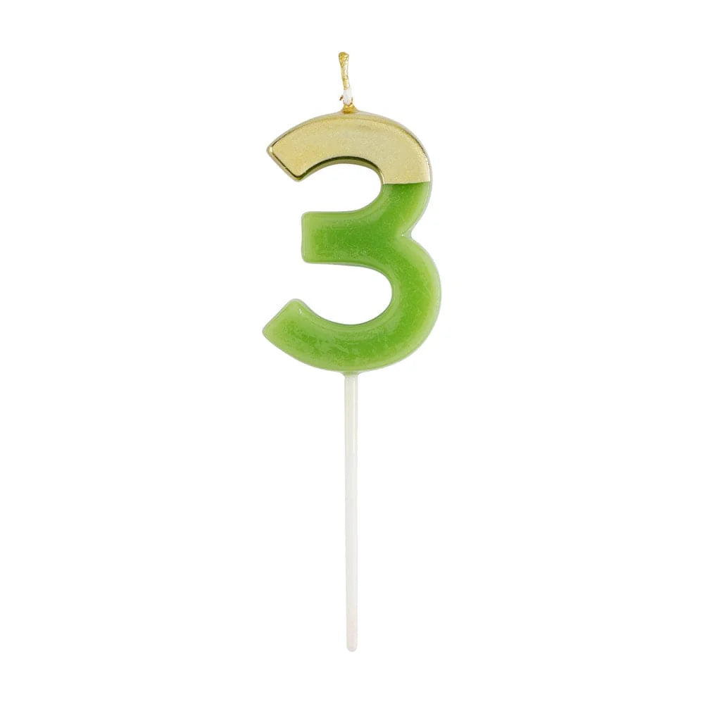 Caspari Gold-Dipped Die-Cut Number Candle – Moss Green – "3"