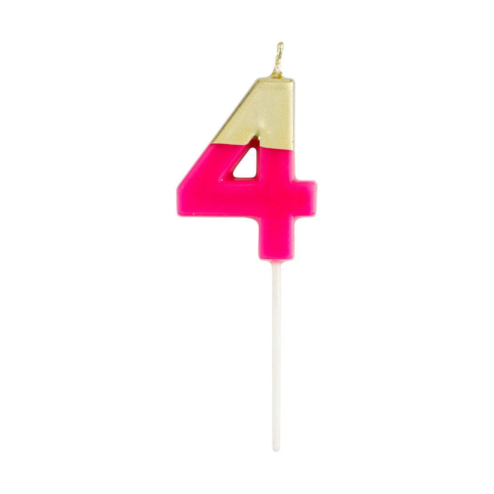 Caspari Gold-Dipped Die-Cut Number Candle – Fuchsia – "4"