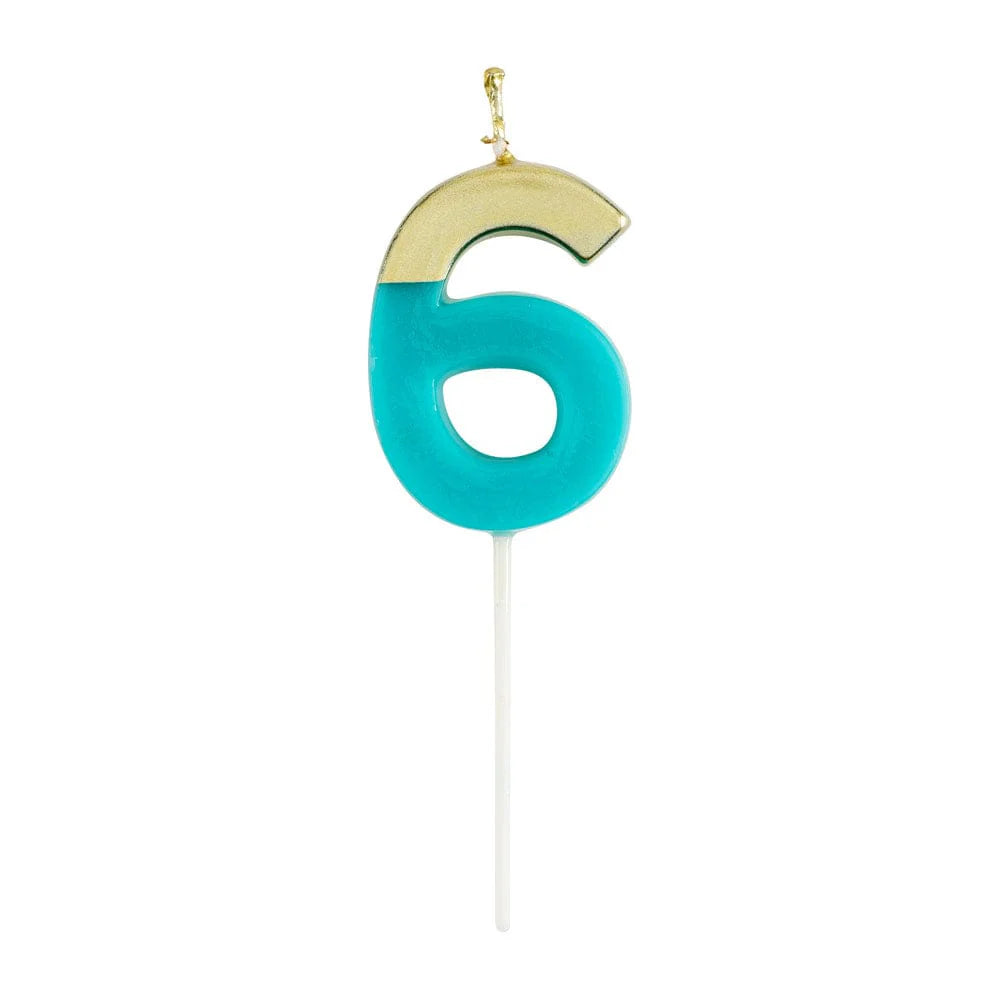 Caspari Gold-Dipped Die-Cut Number Candle – Turquoise – "6"