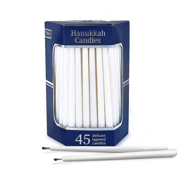 Deluxe Tapered Hanukkah Candles – White – 45 Candles