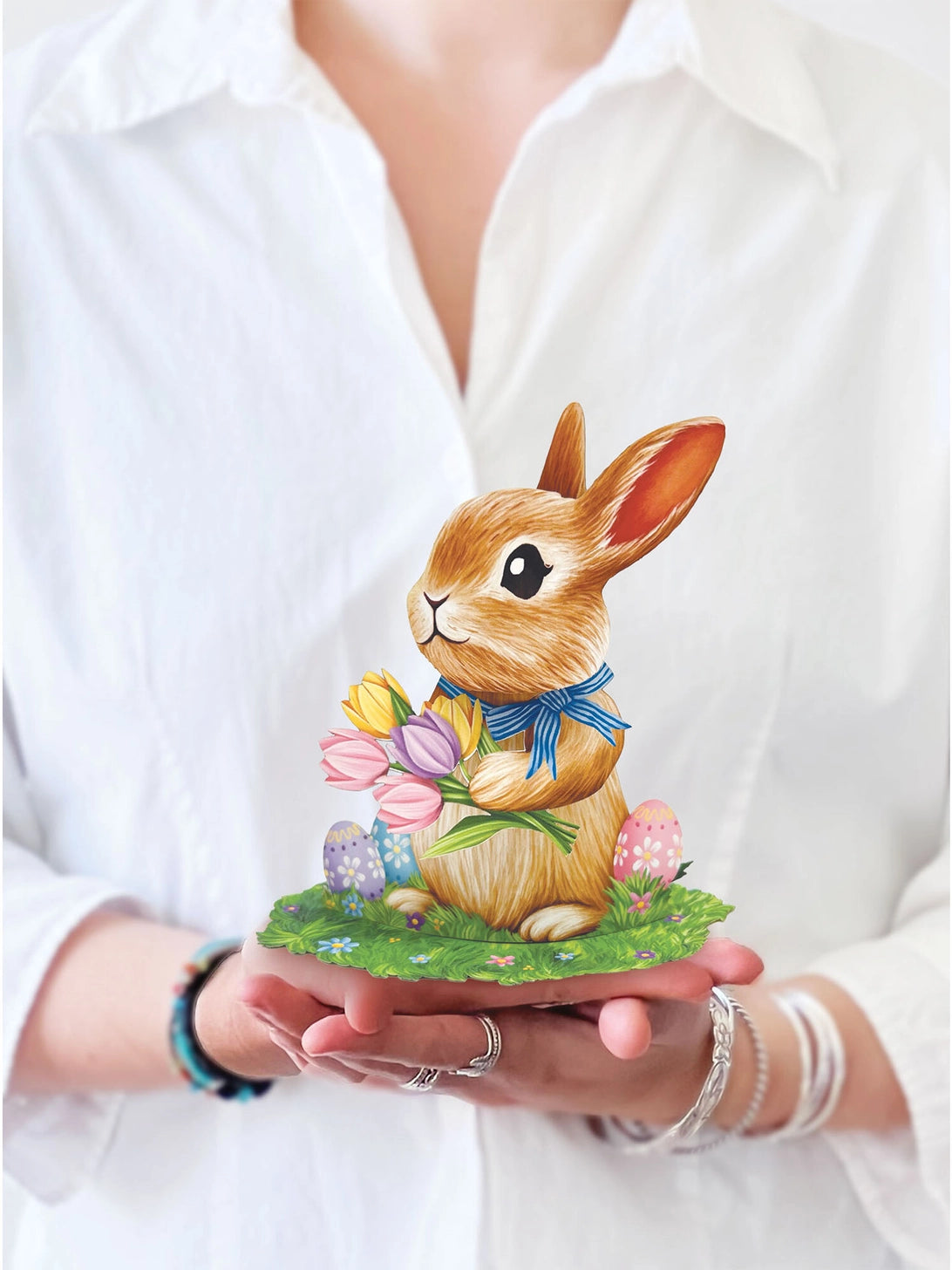 Tarjeta de felicitación pequeña desplegable 3D de papel recién cortado – Conejo – 6" x 5"