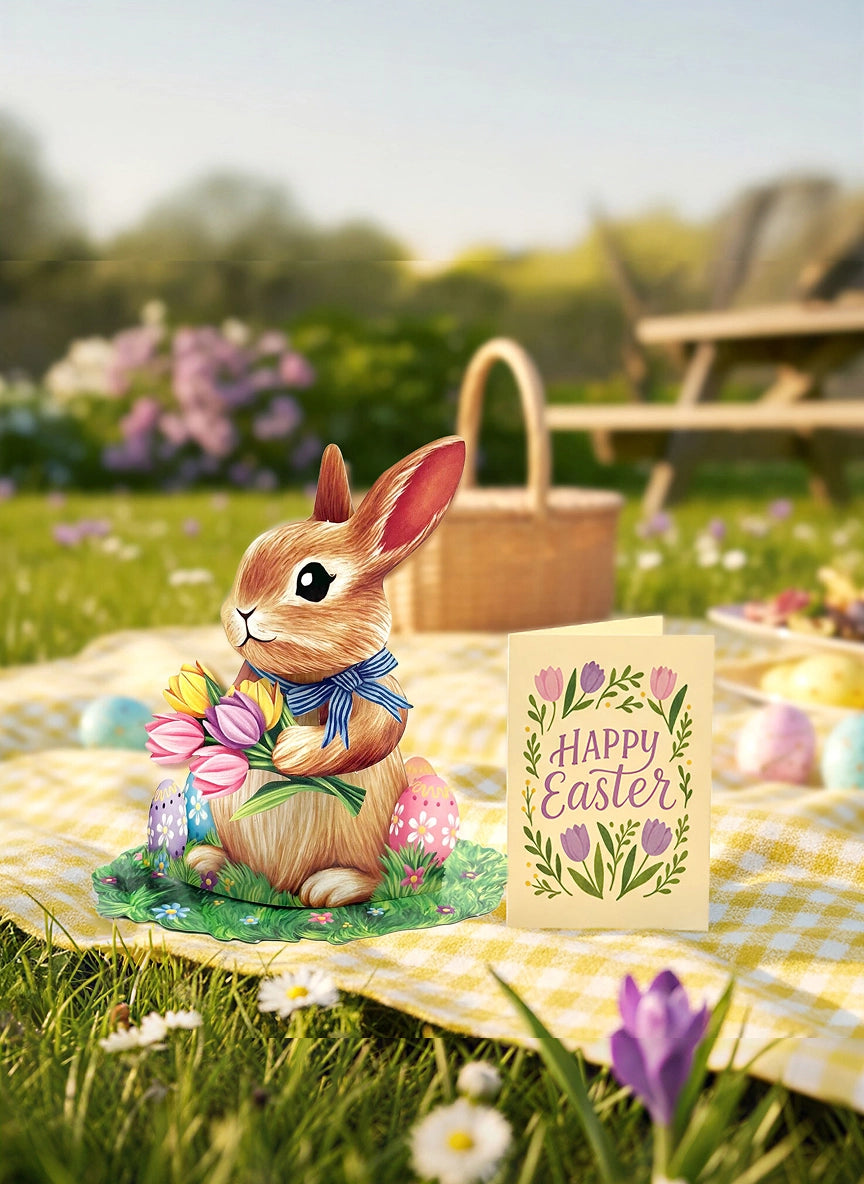Tarjeta de felicitación pequeña desplegable 3D de papel recién cortado – Conejo – 6" x 5"