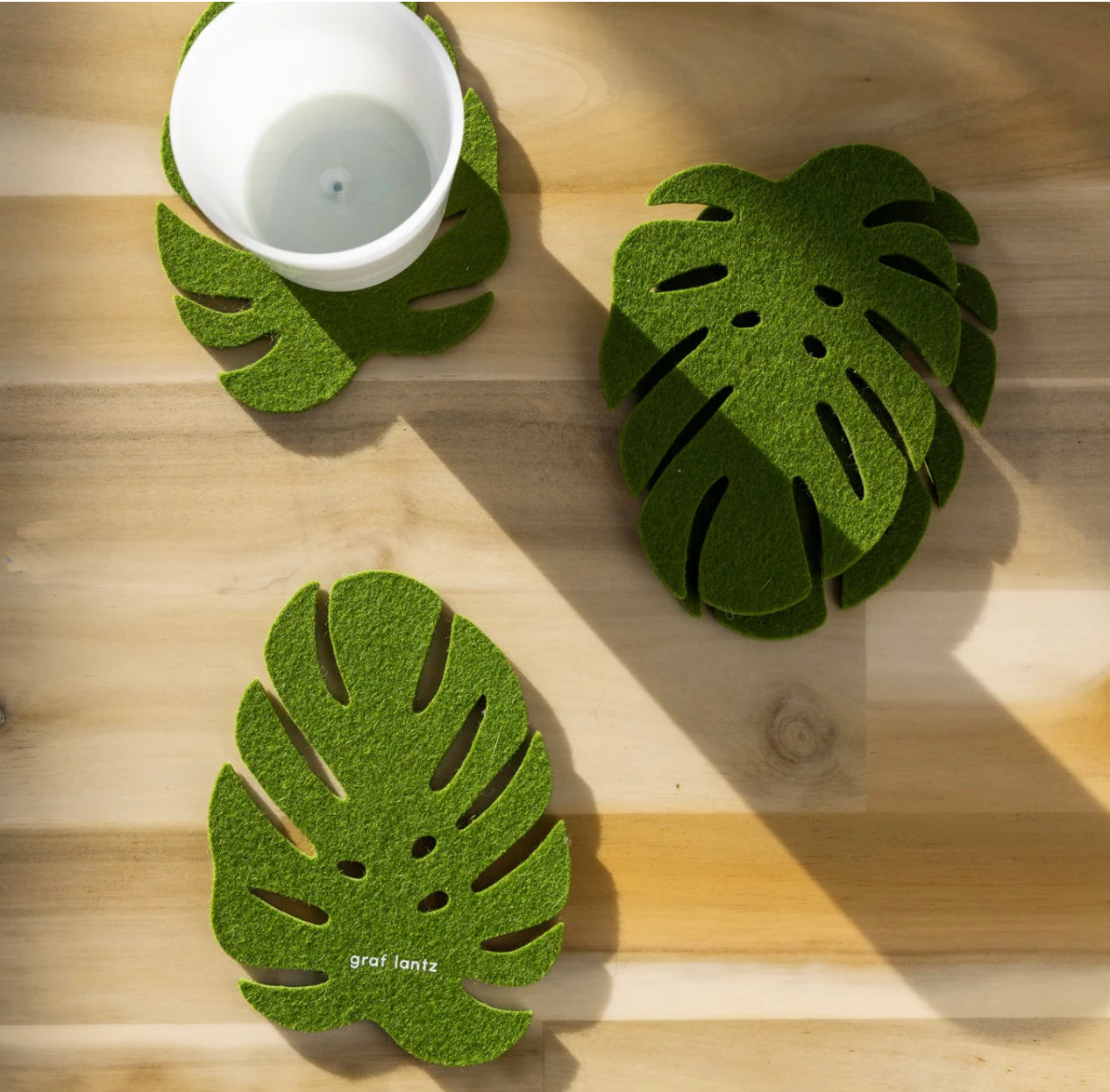 Graf Lantz Merino Wool Monstera Leaf – Felt Coasters – Loden Green– 4pk