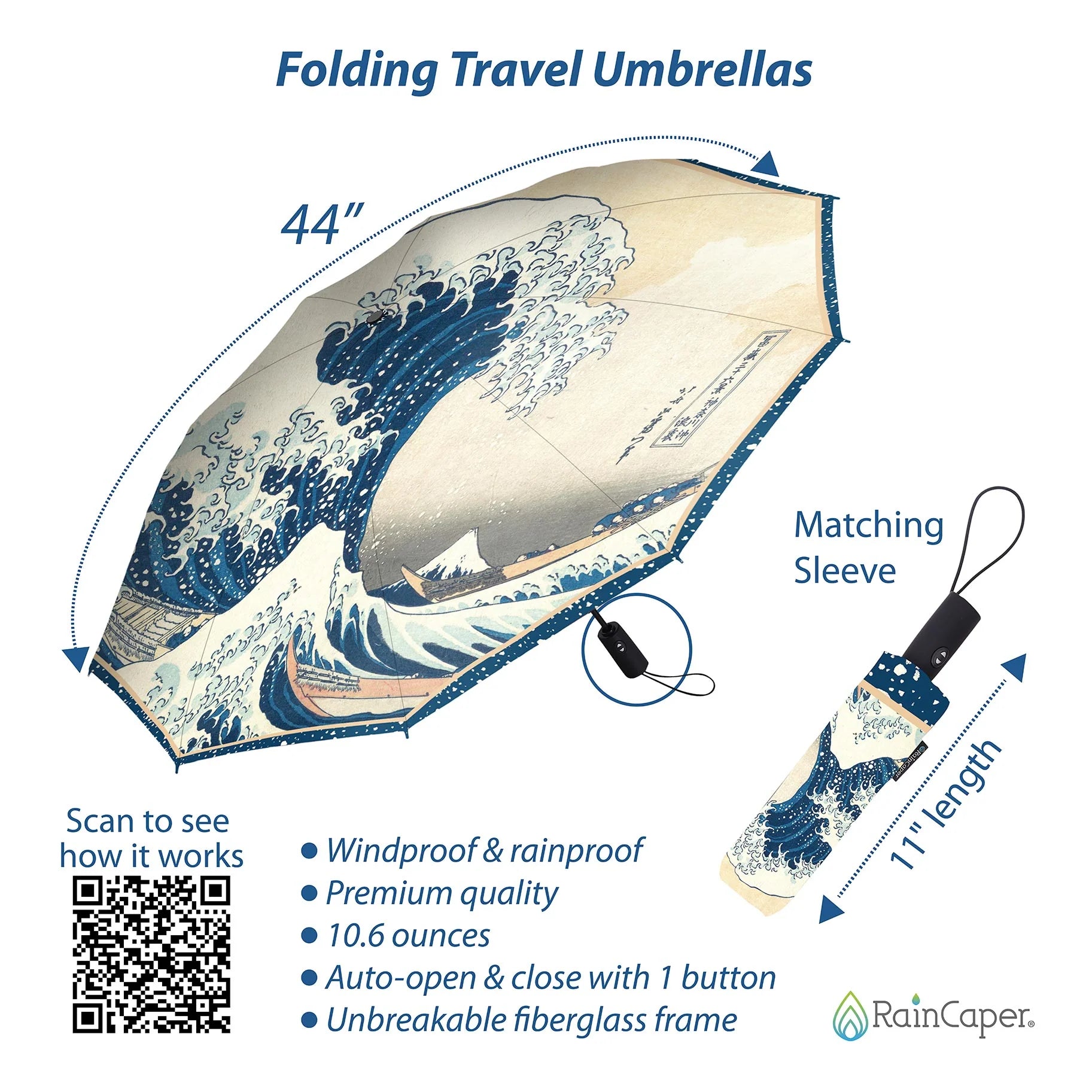 RainCaper Folding Travel Umbrella – Hokusai – The Great Wave