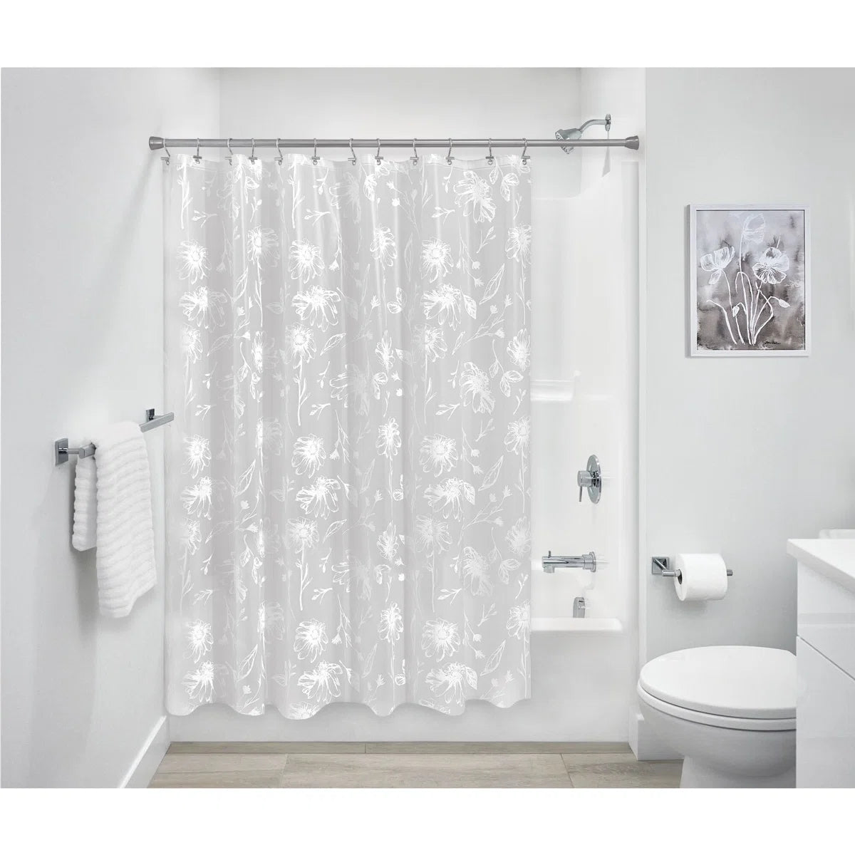 IDesign Water Resistant Peva Shower Curtain – White Daisy  – 72" x 72"