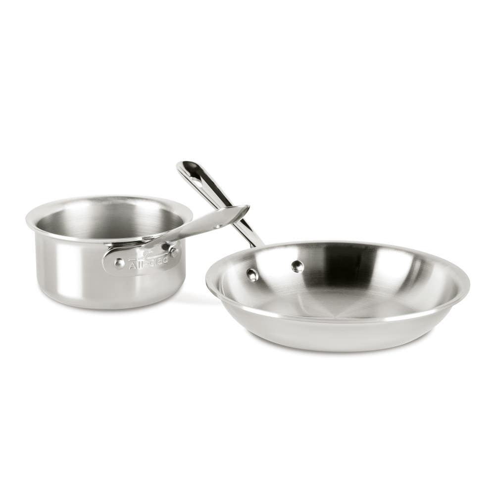 All-Clad D3 Stainless 3-ply Bonded Cookware – 2 Piece Kitchen Helper Set - 8" Frypan + 1qt Sauce Pan