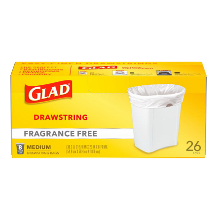 Glad Medium Kitchen/Bathroom Trash Bags – Fragrance Free – 8Gallon – 26-Ct.
