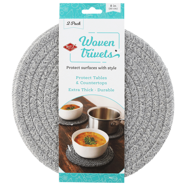 Ritz Round Braided Woven Trivets - Titanium – 8" – Set of 2