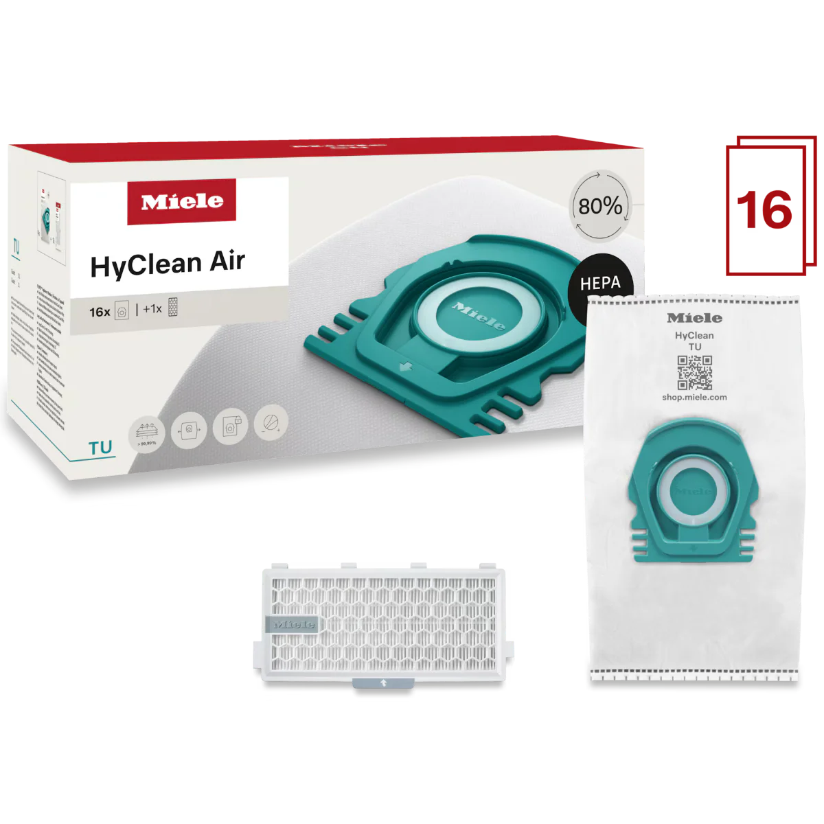Miele TU HyClean Air Vacuum Bags & HEPA AirClean Filter for Guard L1 and Guard S1 – 16pk
