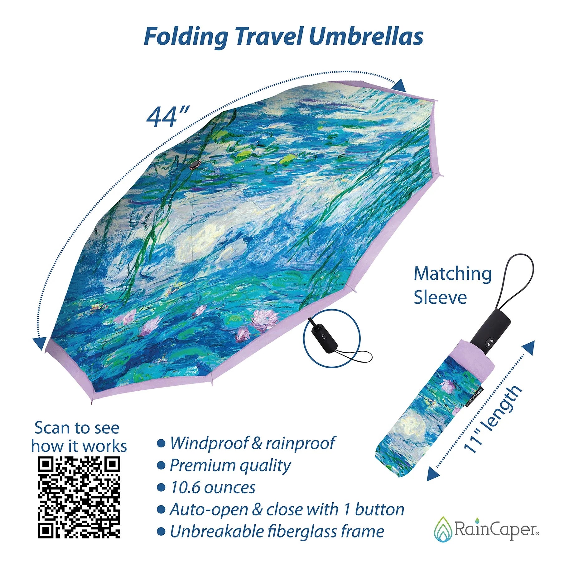 RainCaper Folding Travel Umbrella – Monet – Nympheas