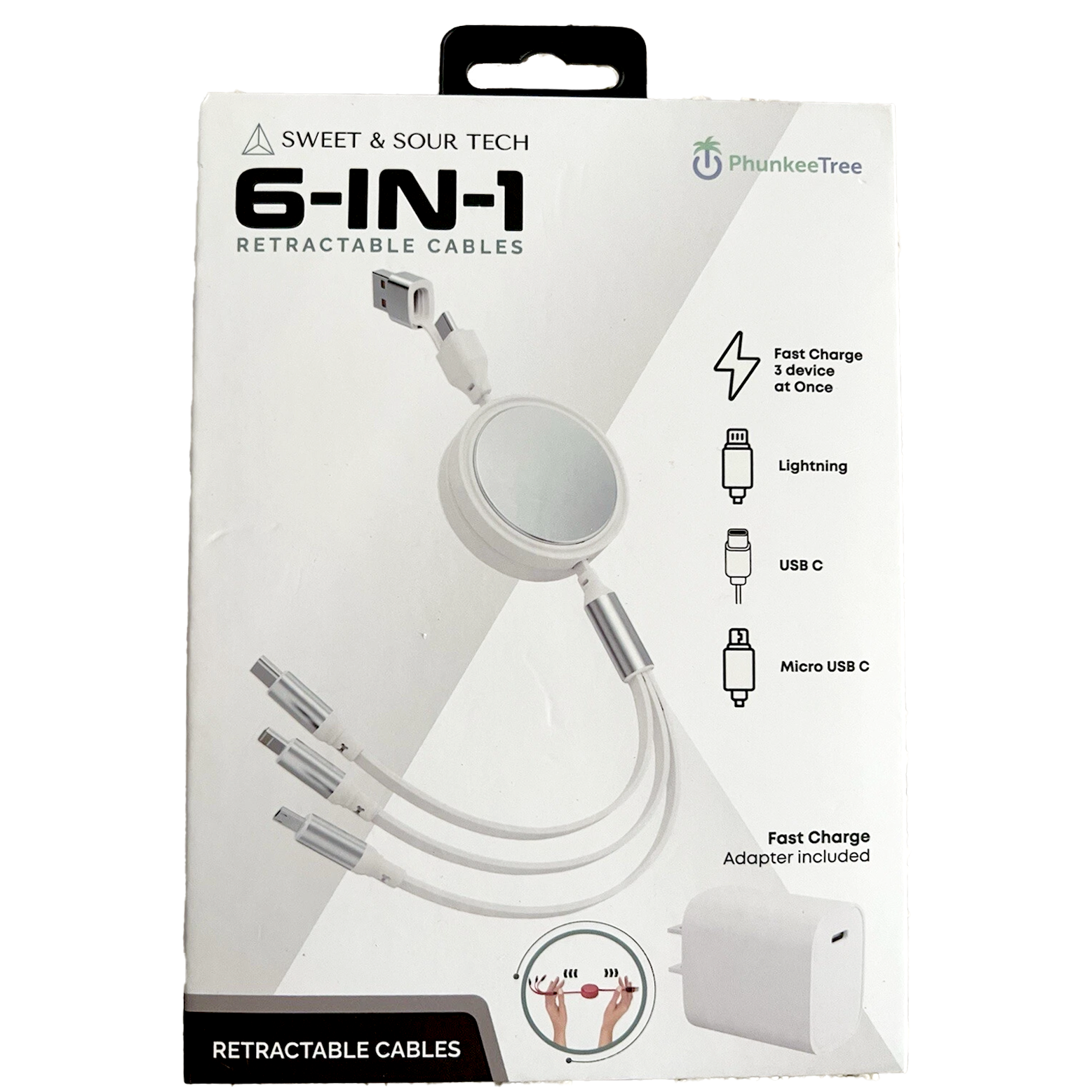 Phunkee Tree – 6 in 1 - Retractable Cables with Fast Charge Adapter – White