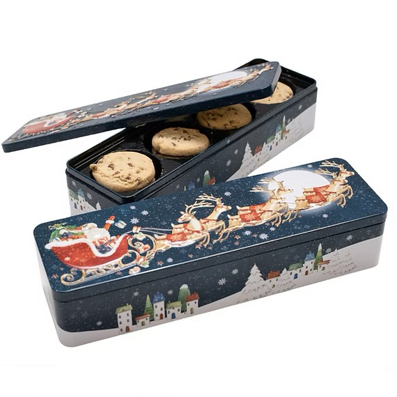 Cookie Filled Christmas Flying Santa Tin – 12" x 4" – 8oz