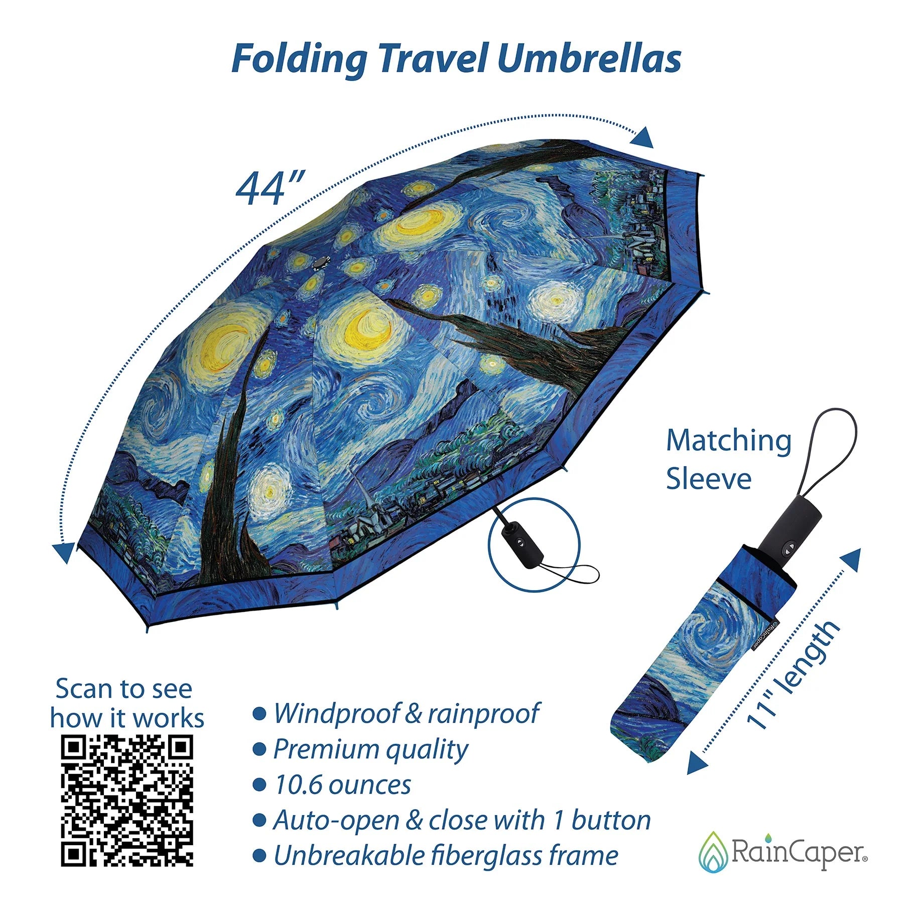 RainCaper Folding Travel Umbrella – Van Gogh – Starry Night