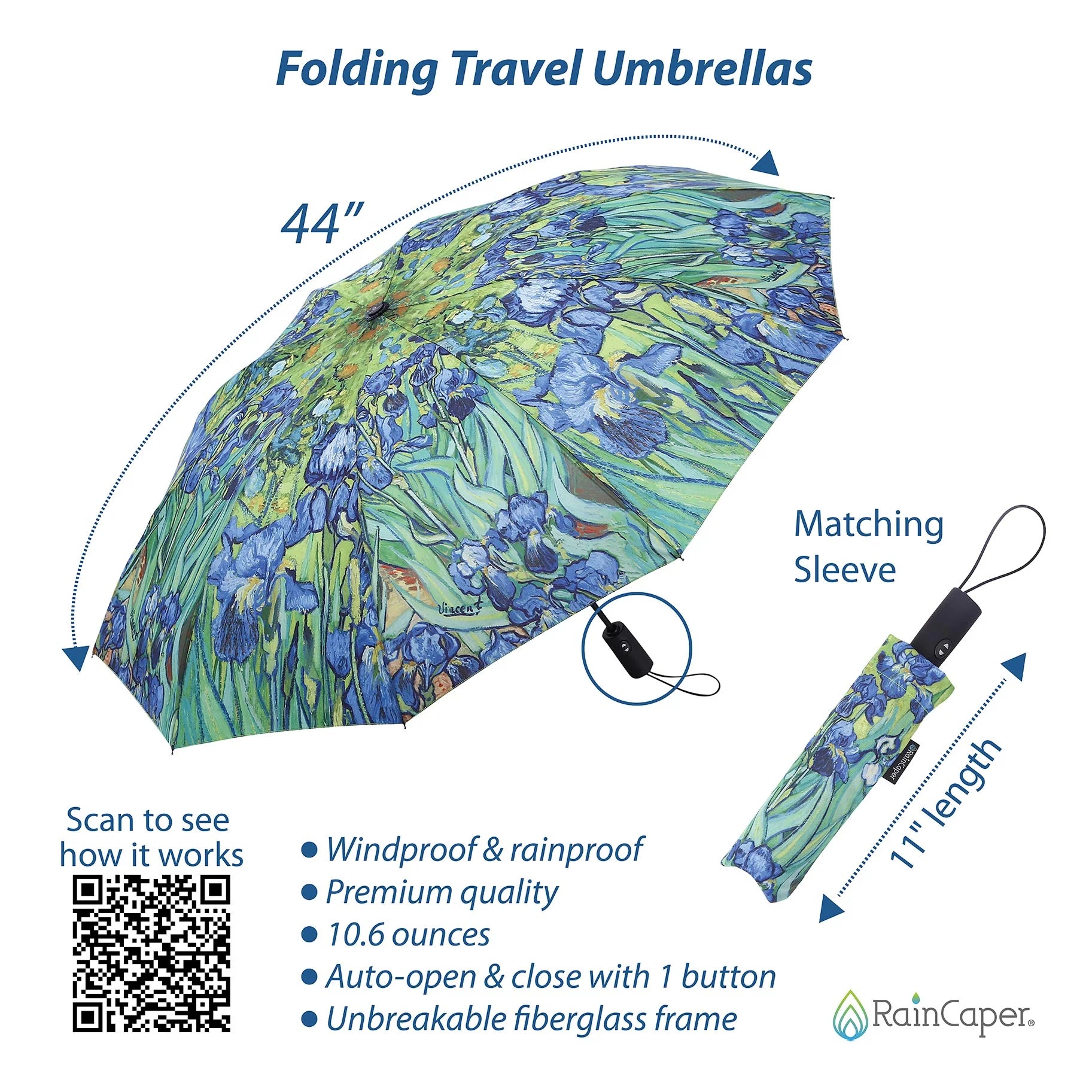 RainCaper Folding Travel Umbrella – Van Gogh – Irises