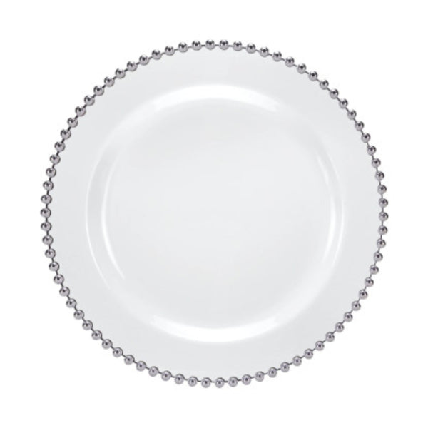 Beaded Premium Plastic Salad & Desert Plates – White With Silver Trim - 7.75" – Set of 10