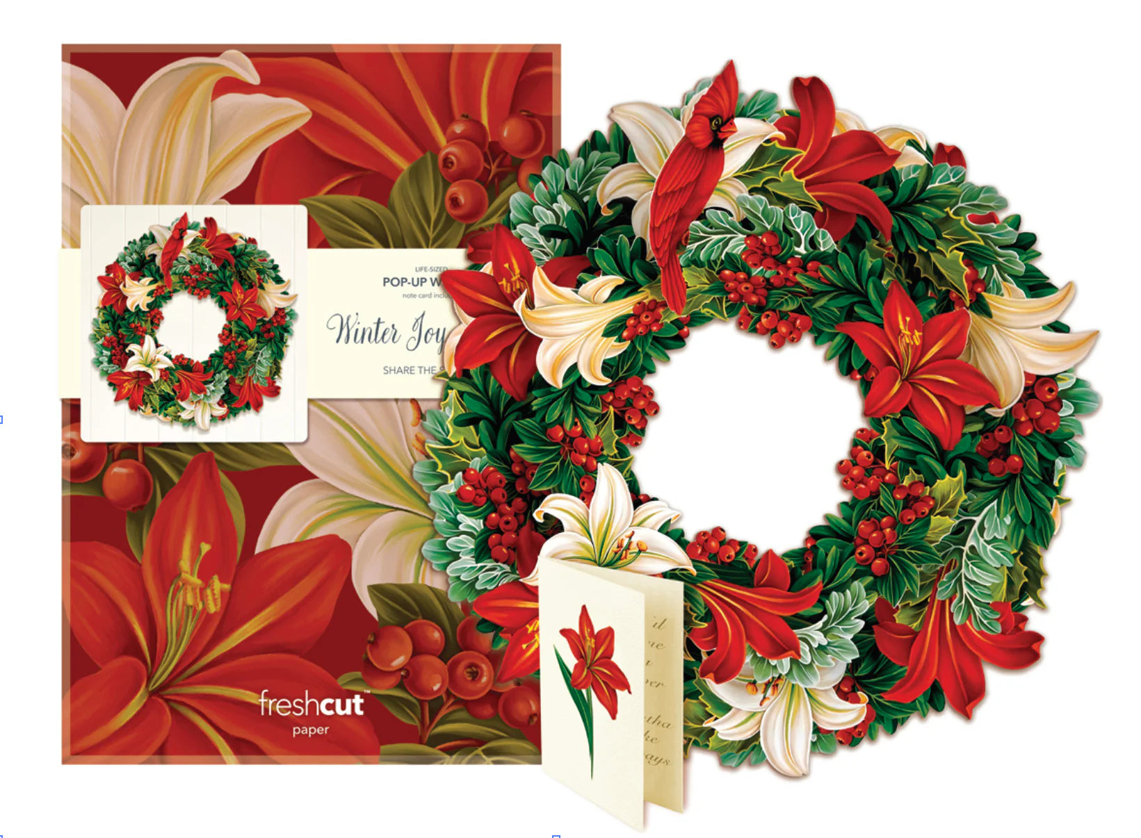 Fresh Cut Paper 3D Pop Up Flower Greeting Note Card – Winter Joy Wreath – 6" x 5"