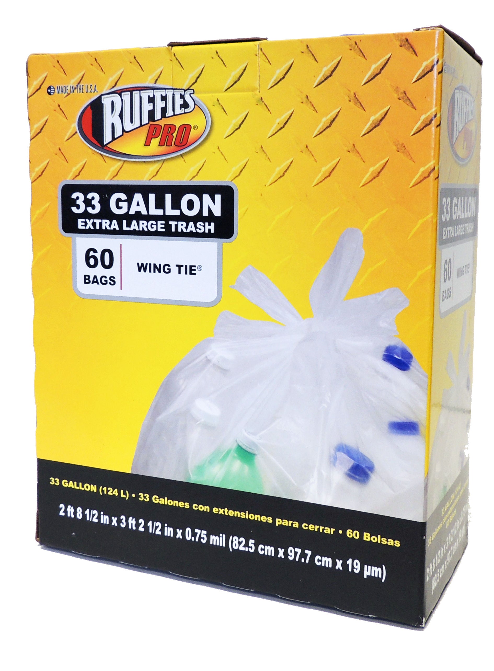 Ruffies Pro Wing Tie Extra Large Trash Bags – 33 Gallon – 60 Count