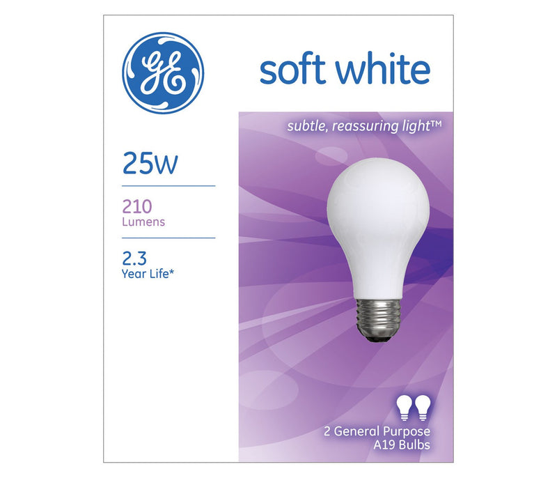 GE Incandescent A19 Soft White Light Bulb, 25W, 2 Pack