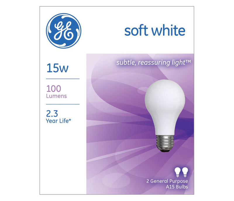 GE Incandescent A15 Soft White Light Bulb, 15W, 2 Pack