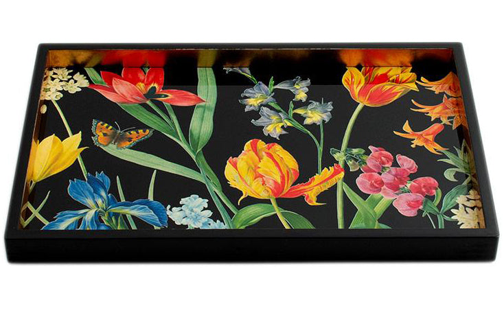 Caspari Redoute Floral Lacquer Vanity Tray in Black