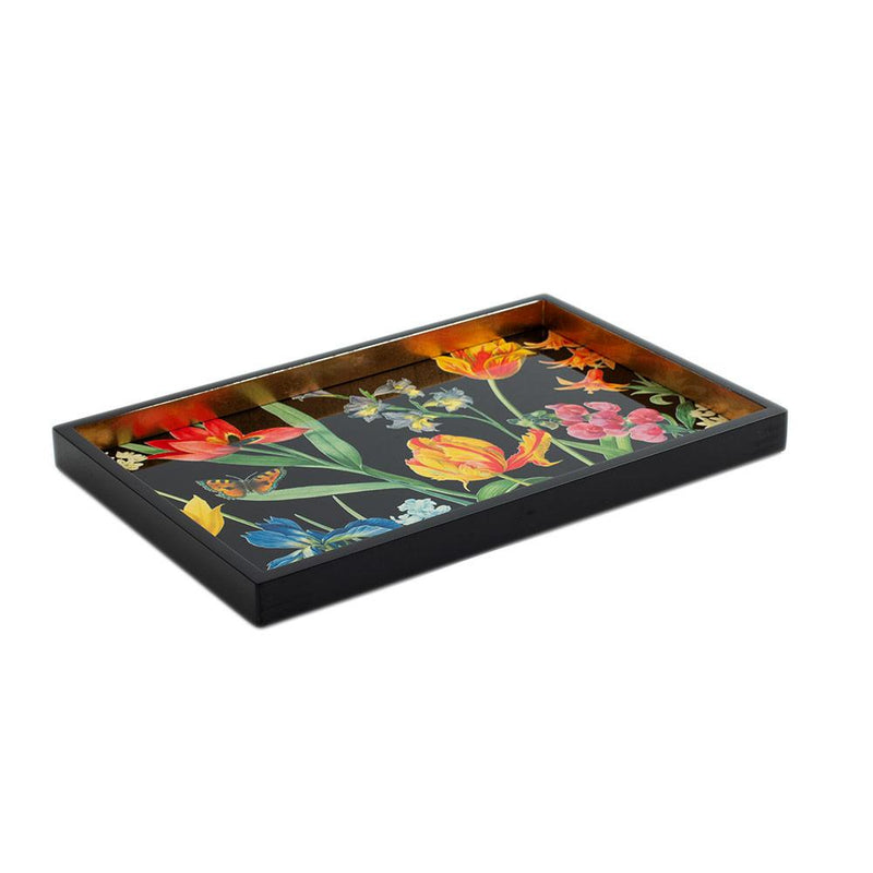 Caspari Redoute Floral Lacquer Vanity Tray in Black
