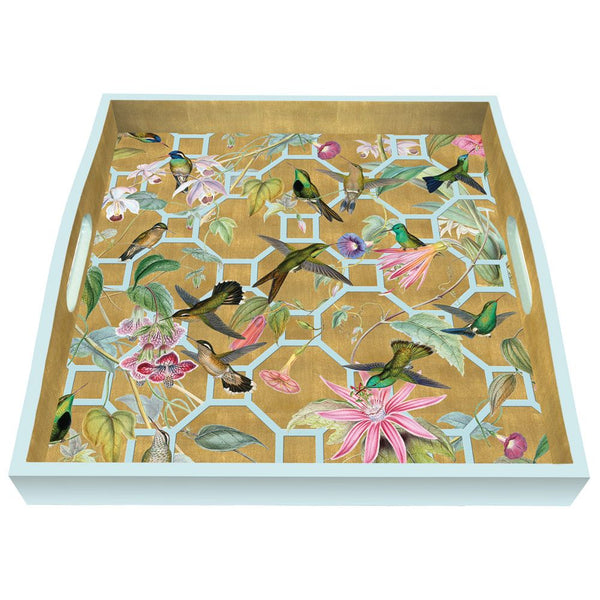 Caspari Hummingbird Trellis Lacquer Square Tray in Ivory Gold – 14” x 14”