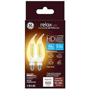 GE HD LED Relax Soft White Clear Flame Tip Chandelier Bulb 60W Equivalent  - 2-Pk
