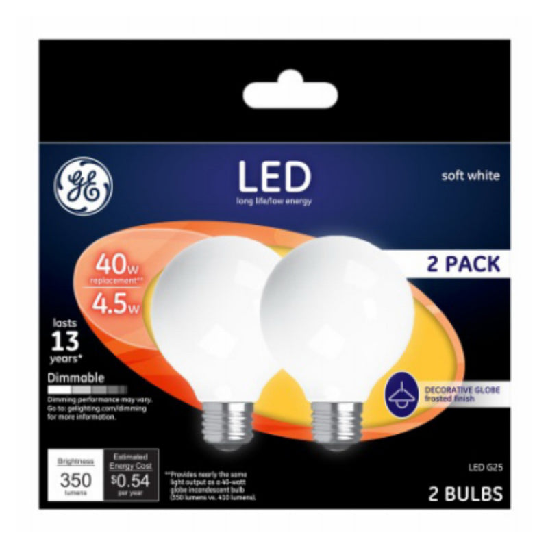 GE LED Soft White Dimmable 40W Equivalent G25 Globe Light Bulbs - 2-Pk