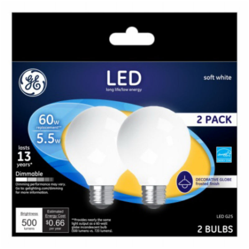 GE LED Soft White Dimmable 60W Equivalent G25 Globe Light Bulbs - White Finish - 2-Pk