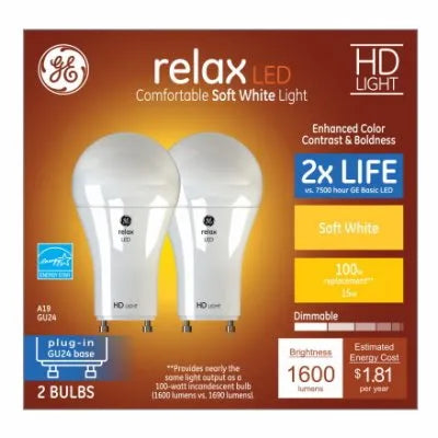 GE Relax 100-Watt Equivalent A19 Soft White Dimmable GU24 Twist-Lock Base LED Light Bulb – 2-Pack