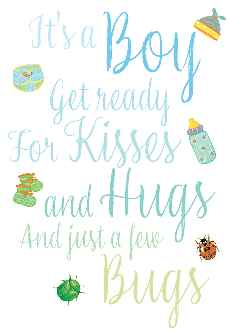 Caspari – Hugs And Kisses Baby Boy Card – 1 Card & 1 Envelope