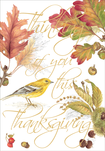 Caspari – Birds And Leaves Happy Thanksgiving Card – 1 Card & 1 Envelope