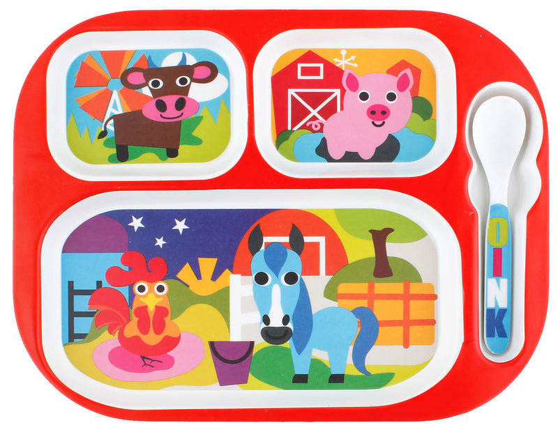 French Bull Kids Everyday Melamine 4 Piece Tableware Set – Farm Animals