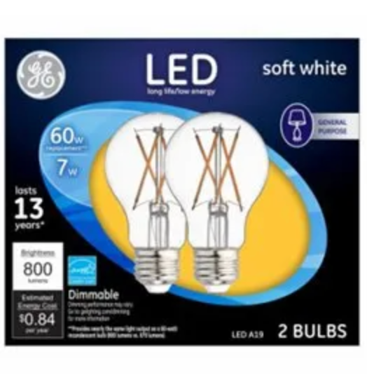 GE LED Clear 60W Equivalent A19 Light Bulbs - 2-Pk