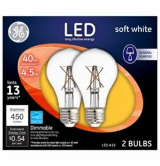 GE LED Clear 40W Equivalent A19 Light Bulbs - 2-Pk
