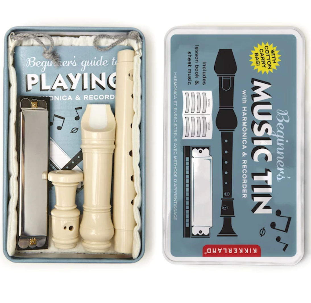 Music Box Tin - Includes a Recorder and Harmonica With Instructions