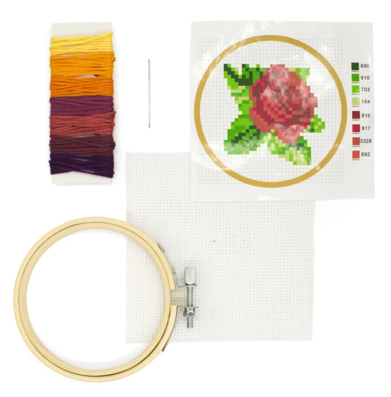 Kikkerland Mini Cross Stitch Embroidery Kit – Rose
