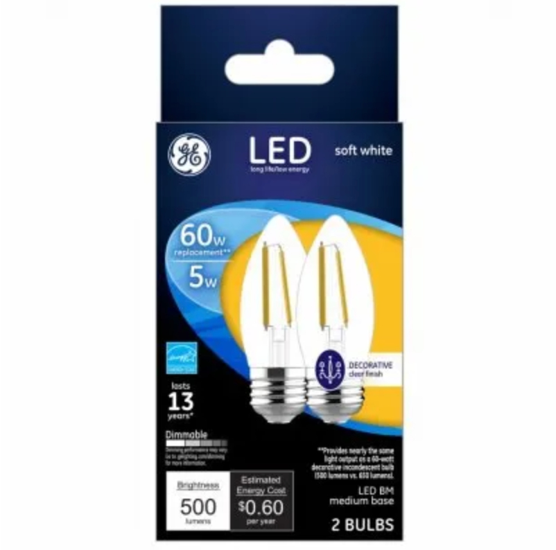 GE Soft White 60W Replacement LED Dimmable Chandelier Torpedo Light Bulbs - Medium Base - 2 Pack