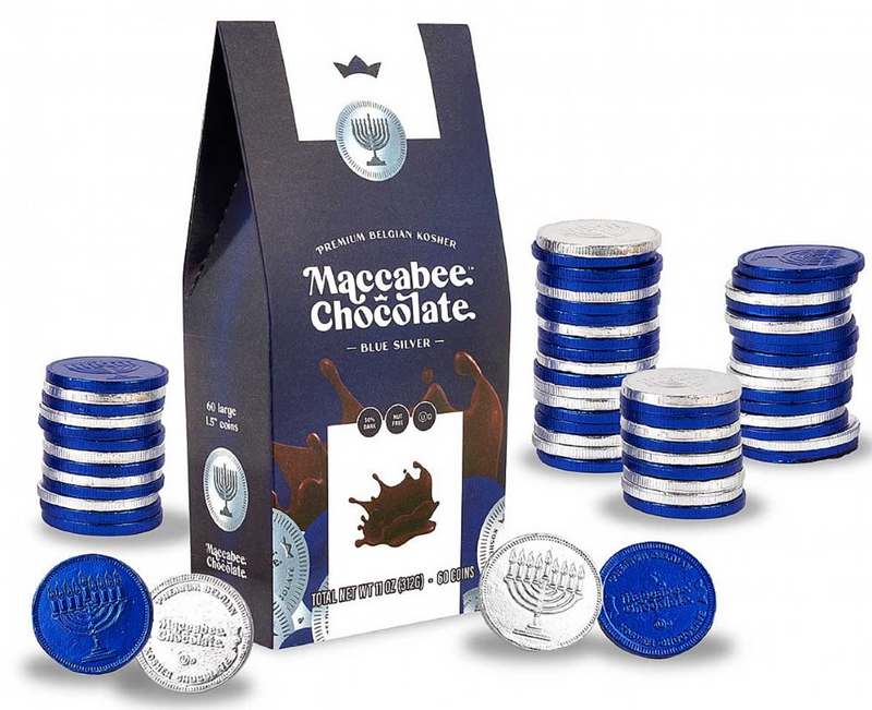 Belgian Premium Nut Free Chocolate Box of Hanukkah Gelt – Silver Dark Chocolate