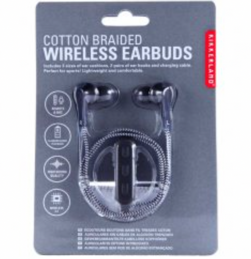  Kikkerland Wireless Cotton Braided Earbuds, Black